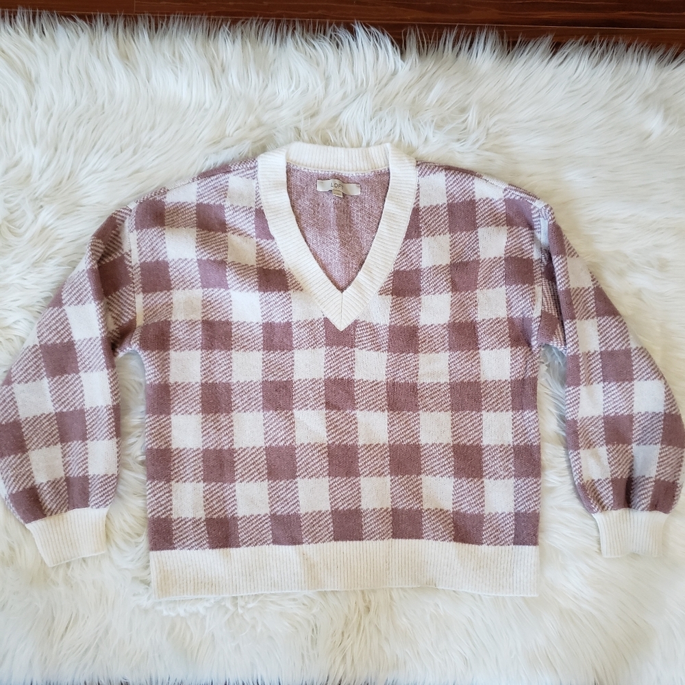 LOFT V-Neck Sweater in Cream and Brown Checkered Pattern